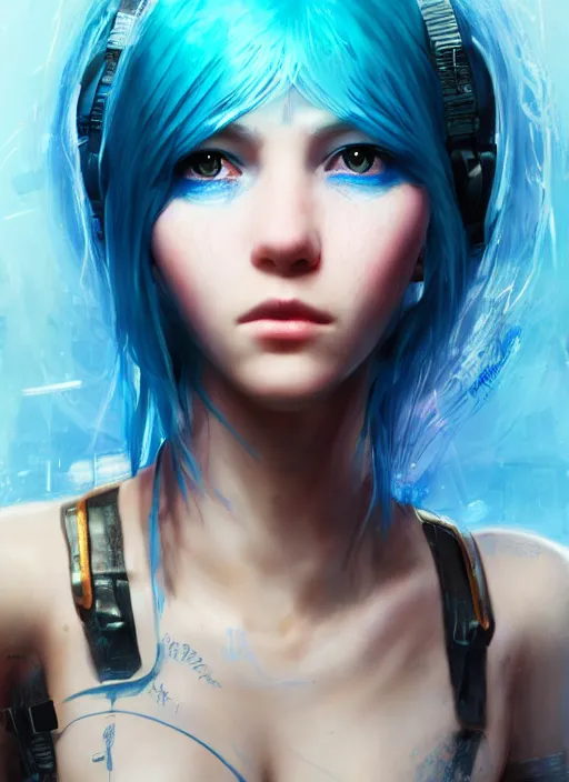 Image similar to beautiful young cyberpunk girl with blue hair, blue eyes, au naturel, hyper detailed, digital art, trending in artstation, cinematic lighting, studio quality, smooth render, fluorescent skin, unreal engine 5 rendered, octane rendered, art style by klimt and nixeu and ian sprigger and wlop and krenz cushart