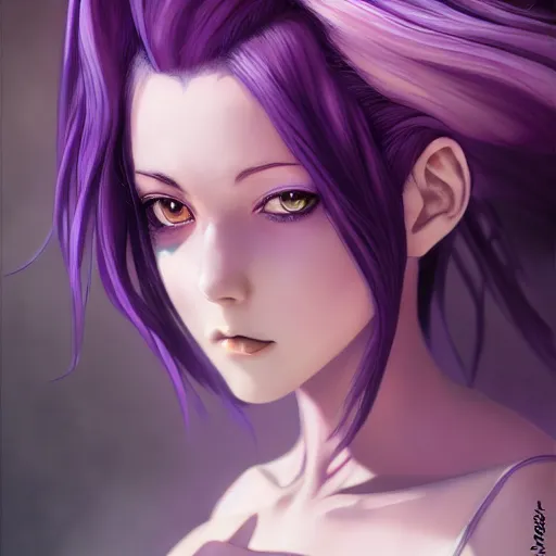 Image similar to beautiful anime women with purple hair, a straight horn on her forehead, purple eyes, a purple tuxedo, sharp focus, intricate, cell shaded, award winning photography, cinematic, digital painting, cinematic, wlop, 8 k, by ross tran, tom bagshaw