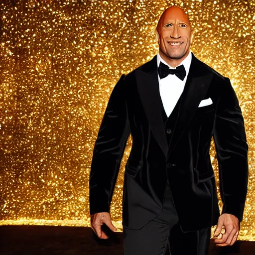 Image similar to dwayne the rock johnson wearing a golden expensive gold suit made entirely of gold walking down the run way, 3 5 mm, paparazzi photo, dazzling lights, dramatic lighting, photorealistic, cinematic scene, gold, super detailed, hyper realistic, bright lights