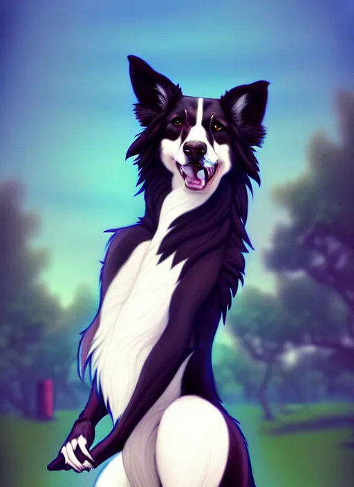 Image similar to wide angle beautiful full body portrait of a cute male bipedal anthro border collie fursona posing in front of a park, character design by charlie bowater, henry asencio, and ross tran, furry art, furaffinity, beautiful, glamor pose, detailed, aesthetic, trending on artstation