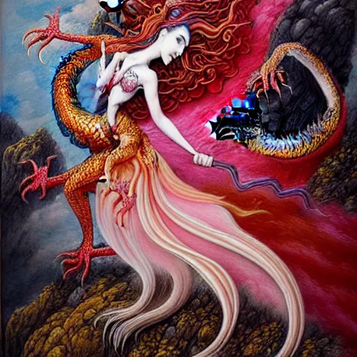 Image similar to miniature painting of a dragon fighting a woman with red+velvet+pink+orange+white colors by Mahmoud Farshchian, intricate, insane detailed, very detailed, Farshchian painting, Farshchian miniature, by Mahmoud Farshchian