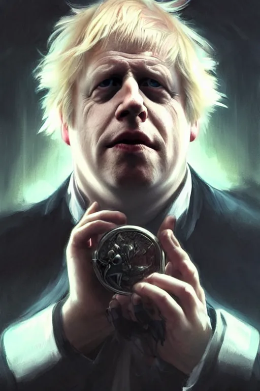 Image similar to Boris Johnson as Neo, portrait, skull on the chest, highly detailed, digital painting, artstation, concept art, smooth, sharp focus, illustration, cinematic lighting, art by artgerm and greg rutkowski and alphonse mucha