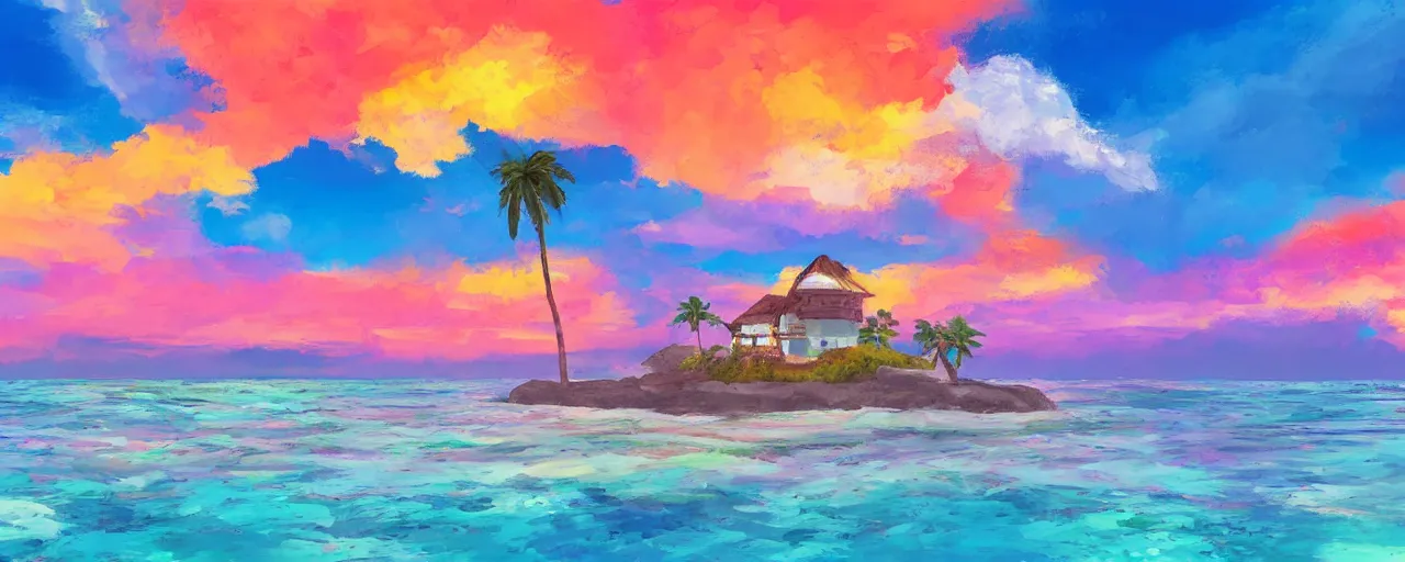 Prompt: small house on a tiny island in the middle of the ocean, colorful clouds, sunset, palm trees, ghibli style