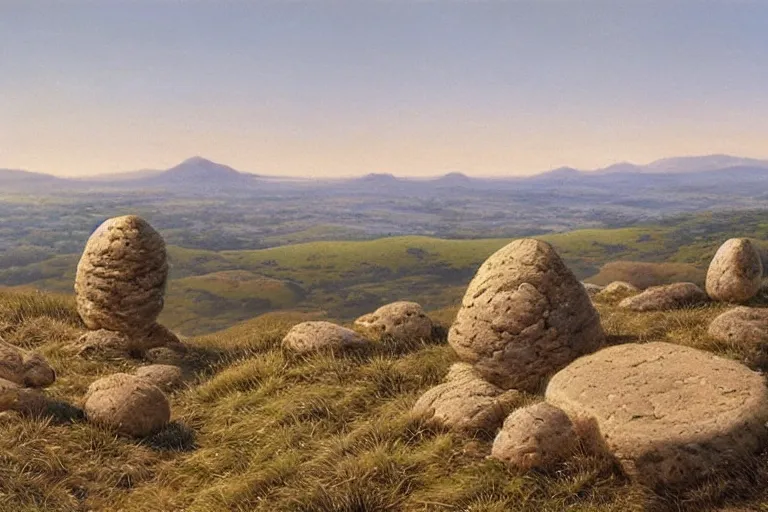 Prompt: a high hill landscape with a circle of large stones in the shape of fingers on the top, by ted nasmith