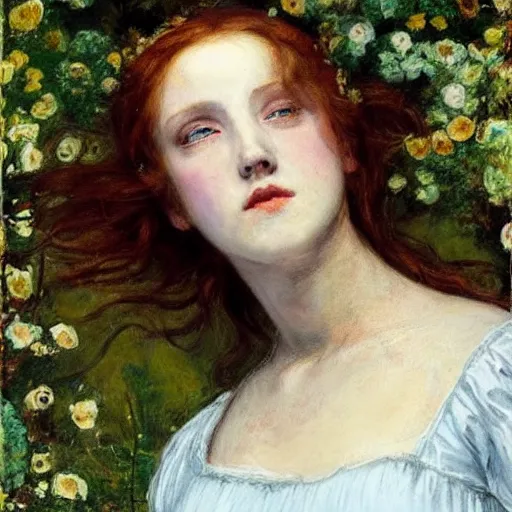 Image similar to ophelia by millais except she's popping a gang sign