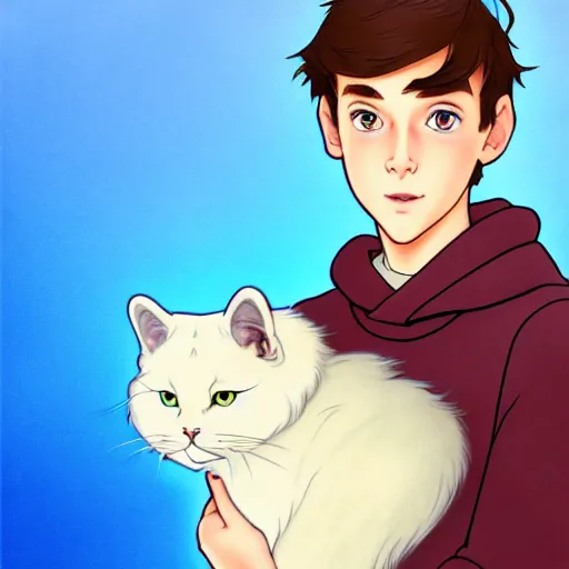 Prompt: teen boy with brown hair and big blue eyes, wearing a hoodie, holding a fluffy white persian cat, natural lighting, path traced, highly detailed, high quality, cartoon, digital painting, by don bluth and ross tran and studio ghibli and alphonse mucha, watercolor background