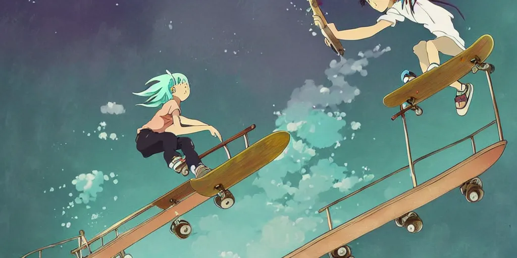 Prompt: a beautiful movie still in the style of Studio Ghibli anime showing a skateboarder grinding down a rail in high detail. The skater is a girl with green hair and she is waving spray paint cans in the air. Studio Ghibli, trending on artstation, trending on behance