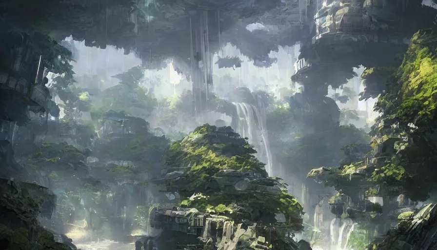 Prompt: craig mullins and studio ghibli illustration, concept art for a future city in space, multiple beautiful animals never seen before roam the area, lots of waterfalls and water elements, unreal engine, hyper realism, realistic shading, cinematic composition, realistic render, octane render, detailed textures, photorealistic, wide shot