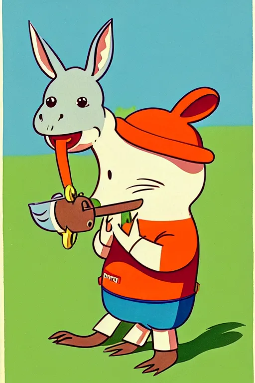 Image similar to by richard scarry. happy donkey eating a leg. a 1 9 5 0 s retro illustration. studio ghibli. muted colors, detailed