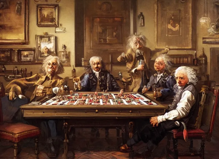 Image similar to baroque painting albert einstein with isaac newton with stephen hawkins playing poker in an old west saloon, intricate, highly detailed, centered, digital painting, artstation, concept art, smooth, sharp focus, illustration, art inspired by james gurney and greg rutkowski