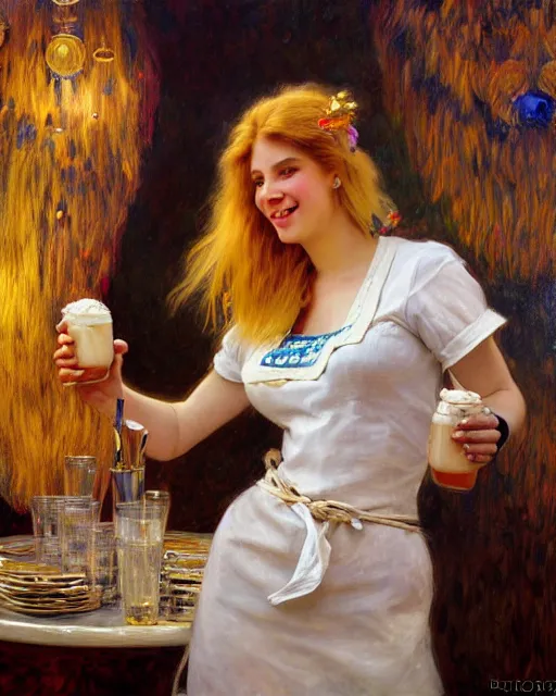 Image similar to portrait of a white female anthro wolf waitress serving milkshakes, 4 k, trending on artstation, very expressive detailed feminine face, energetic, bright colors, happy, by gaston bussiere, craig mullins, j. c. leyendecker, gustav klimt, artgerm, greg rutkowski, alphonse mucha