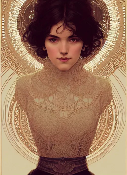 Image similar to symmetrical, full body portrait of a woman with short wavy hair, round face, cottagecore!!, lake, intricate, elegant, highly detailed, digital painting, artstation, concept art, smooth, sharp focus, illustration, art by artgerm and greg rutkowski and alphonse mucha