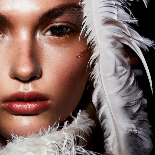 Prompt: close up of face of female fashion model in white feather clothes, official balmain editorial, dramatic lighting highly detailed