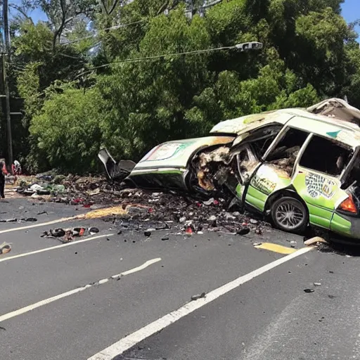 Image similar to photo of an avocado truck accident that overturned and spilled tons of avocados on the road, people walking around and picking up avocados from the road