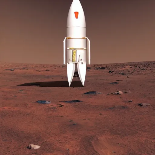 Prompt: a large white rocket lands on the surface of mars, retro futurism, high quality, high resolution