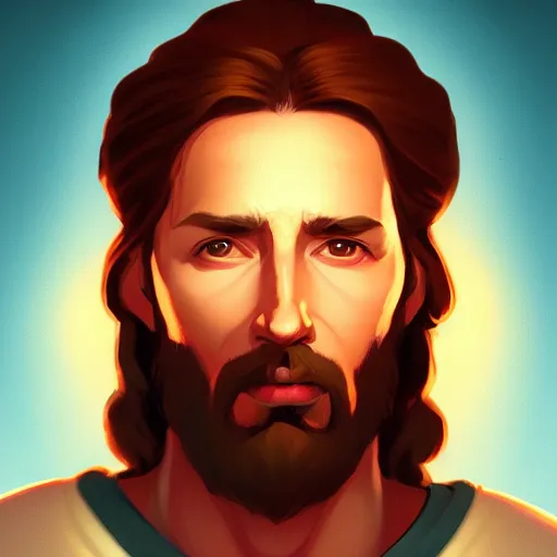 Image similar to Portrait of Jesus Christ, mattepainting concept Blizzard pixar maya engine on stylized background splash comics global illumination lighting artstation lois van baarle, ilya kuvshinov, rossdraws