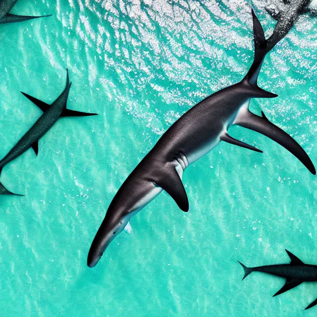 Image similar to looking down at thousands of hammerhead sharks, sharp focus, octane render