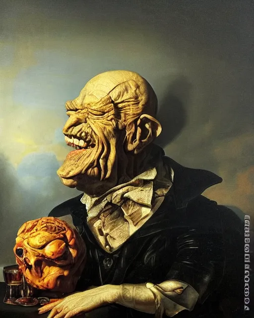 Image similar to refined gorgeous blended oil painting with black background by christian rex van minnen rachel ruysch dali todd schorr of a chiaroscuro portrait of an extremely bizarre disturbing old wrinkled man with shiny alien skin dutch golden age vanitas intense chiaroscuro cast shadows obscuring features dramatic lighting perfect composition masterpiece