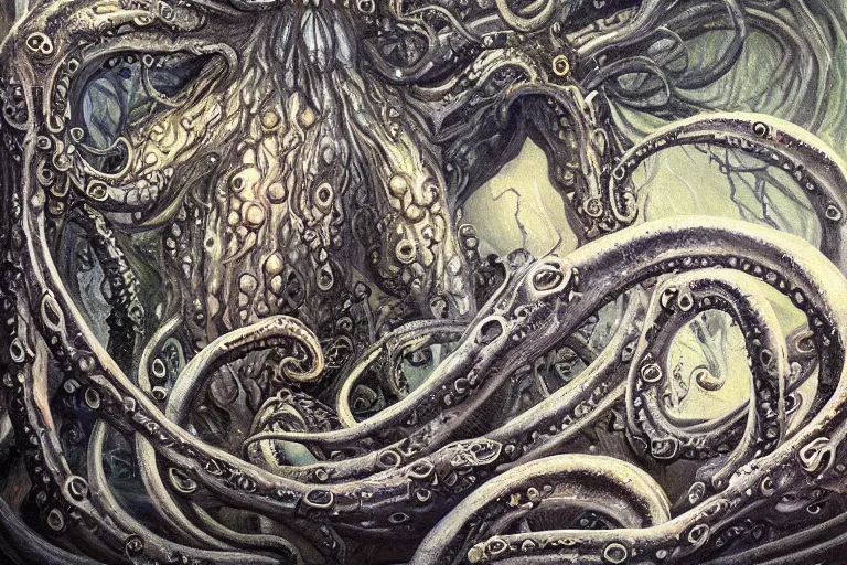 Image similar to ultra realist soft painting of the world of lovecraft elden ring and giger gigantic oily tentacles and eyes very intricate details ultra dense