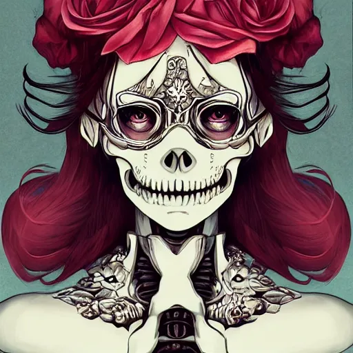 Image similar to anime manga skull portrait young woman skeleton, cuphead, unreal engine, intricate, elegant, highly detailed, digital art, art by JC Leyendecker and sachin teng