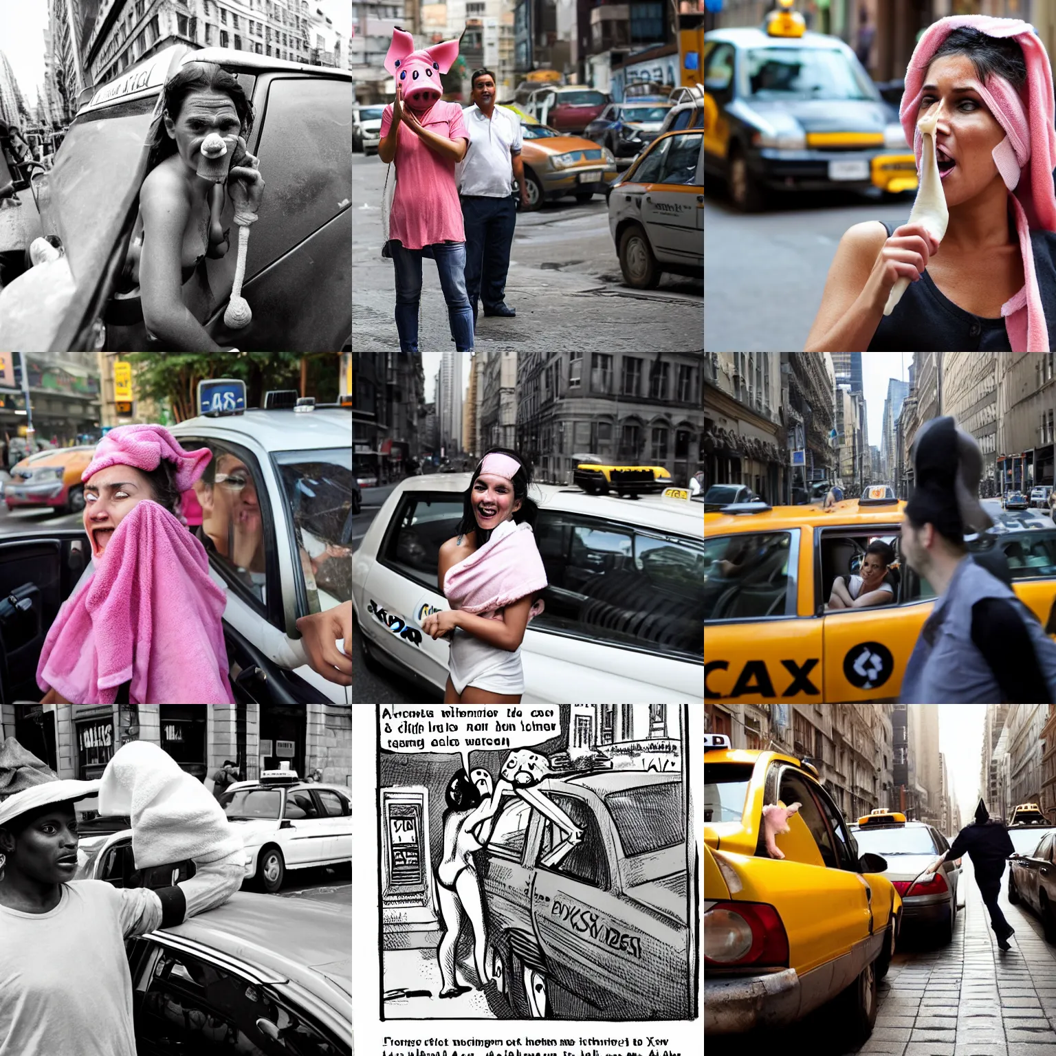 Prompt: an attractive woman with buckteeth and a pig nose hails a cab driven by a man with a towel on his head. the cab driver is unshaven and hasn't had a showered in weeks.