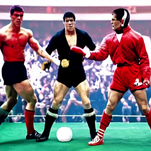 Prompt: movie still of cristiano ronaldo as ivan drago knocking out rocky balboa in rocky 4,