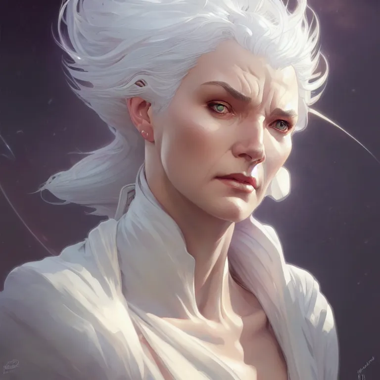 Image similar to gallent whitehaired portrait, sci-fi face, elegant, highly detailed, digital painting, artstation, concept art, smooth, sharp focus, illustration, art by artgerm and greg rutkowski and alphonse mucha