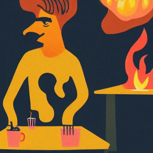 Image similar to an orange humanlike dog in his house, sitting at his table, a coffee on the table, surrounded by flames and fire, smoke above him