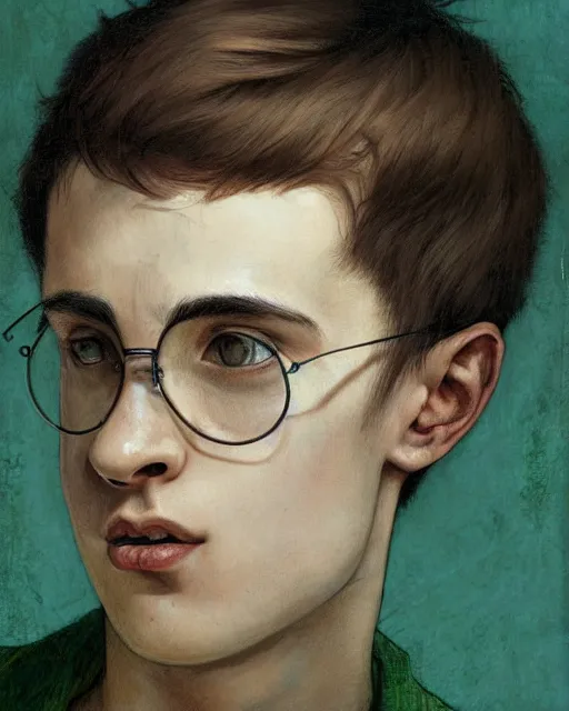 Prompt: portrait of a small, skinny 1 7 - year - old boy with a thin face, black hair, green eyes, round shape glasses as harry potter, thin scar on his forehead, wearing white shirt, hyper realistic face, beautiful eyes, close up, fantasy art, in the style of greg rutkowski, intricate, alphonse mucha, hyper detailed, smooth