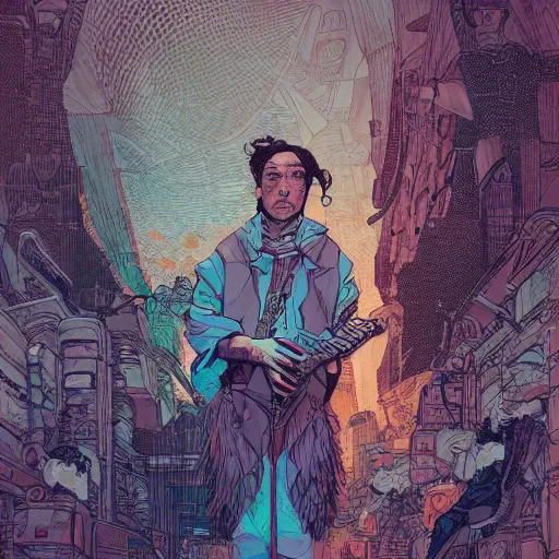 Image similar to portrait of a bard, standing, Borderlands and by Feng Zhu and Loish and Laurie Greasley, Victo Ngai, Andreas Rocha, John Harris