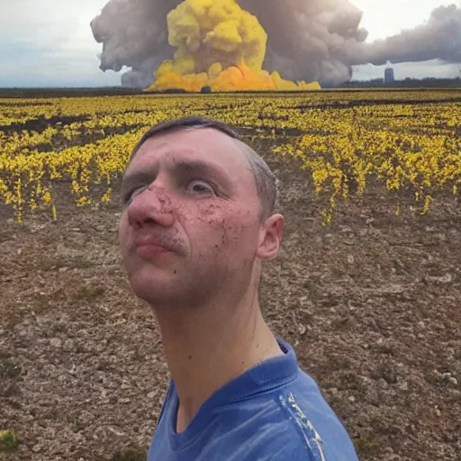 Prompt: a selfie of a ukrainian in yellow - blue rags against the backdrop of a nuclear explosion shoots himself in the head to die a less painful death