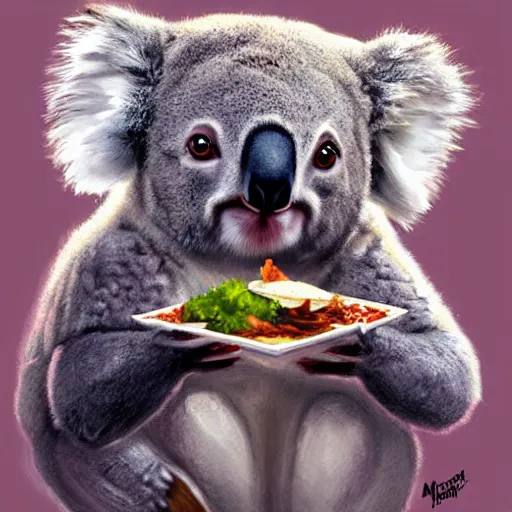 Image similar to a portrait of a koala eating a taco, concept art, trending on art station, by marc simonetti