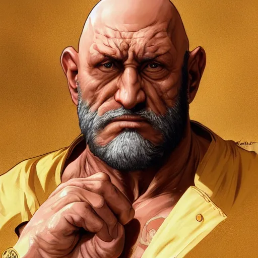 Prompt: mike ehrmantraut as sagat street fighter, portrait, 4 k, ultra realistic, detailed focused art by artgerm and greg rutkowski and alphonse mucha