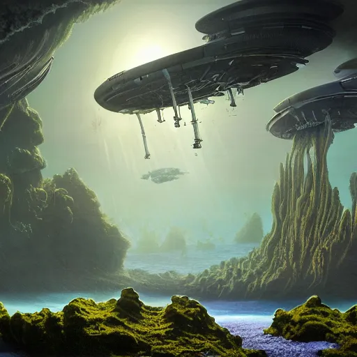 Prompt: a matte painting of alien underwater landscape of lush flora, remnants of old spaceship, alien creatures emerging, morning, by Giger and Ralph McQuarrie and Bruce Pennington, cinematic lighting, ambient light, hyperrealism, nvidia, octane render, 8k, iridescent accents, vray, deviantart