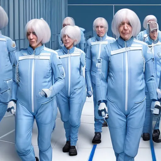 Image similar to troop of grannies with white bob hairdos, tight light blue neopren pilot suits, futuristic cloning facility, sci - fi, highly detailed, cinematic