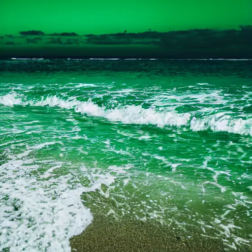Image similar to photography of a beach, green sand, green ocean, green sky