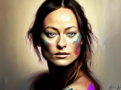 Prompt: a beautiful ultra realistic fine art painting of Olivia Wilde wearing warpaint, by Greg Rutkowski and Jenny Saville, studio portrait, vibrant colors, 4K