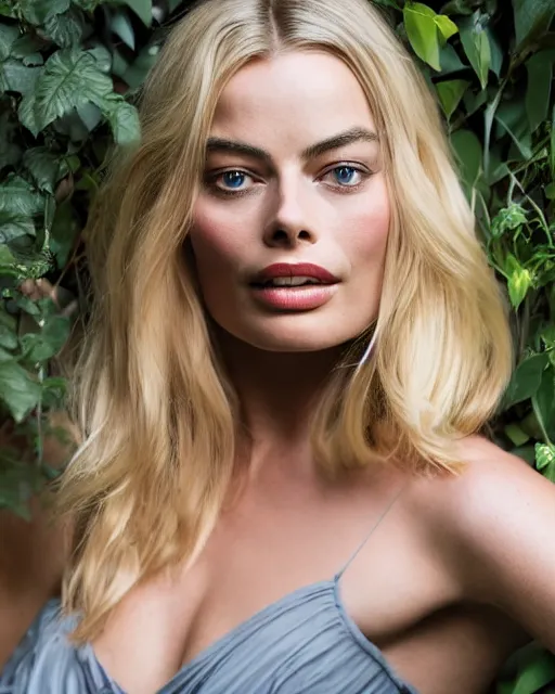 Image similar to Beautiful Head and shoulders portrait of confident flirty margot robbie with straight long blonde hair, wearing a camisole and standing in an urban alley Zoë Mozert , alberto Vargas, arney freytag, artstation, fashion photoshoot, posing in an urban jungle, fashion pose, octane, 4k