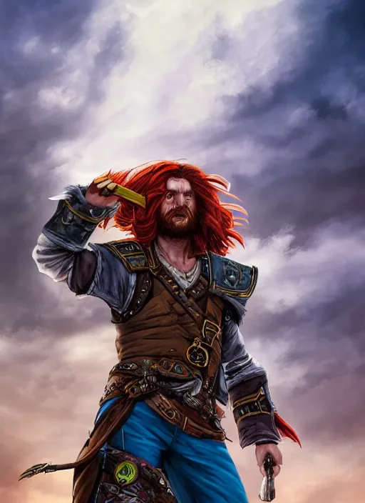 Image similar to An epic fantasy comic book style portrait painting of a long haired, red headed male sky-pirate in front of an skyship in the style of the wheel of time, unreal 5, DAZ, hyperrealistic, octane render, cosplay, RPG portrait, dynamic lighting