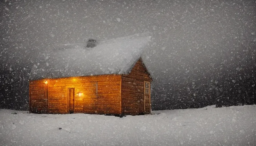 Image similar to Dark, Snowy Landscape with Blizzard! in a snowstorm!, a lonely, small shack in the distance with dim orange lights in the windows, snowstorm, digital art, highly detailed, blizzard, 4k