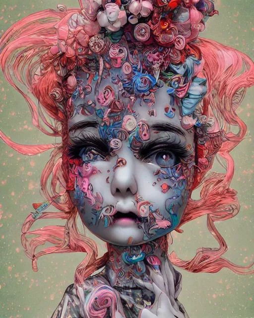 Image similar to james jean isolated deepdream vinyl figure harajuku style boy girl character design, figure photography, dynamic pose, holographic undertones, glitter accents on figure, anime stylized, accurate fictional proportions, high delicate defined details, ethereal lighting