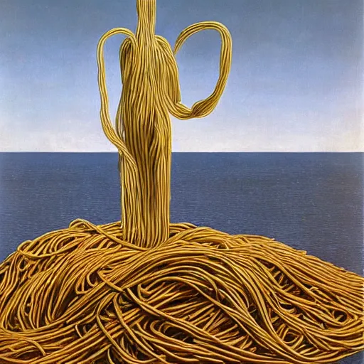 Prompt: A Monumental Public Sculpture of a 'Cyborg made of spaghetti with a Portal in its stomach ' on a pedestal by the Sea, surreal oil painting by Rene Magritte and Max Ernst shocking detail hyperrealistic!! Cinematic lighting