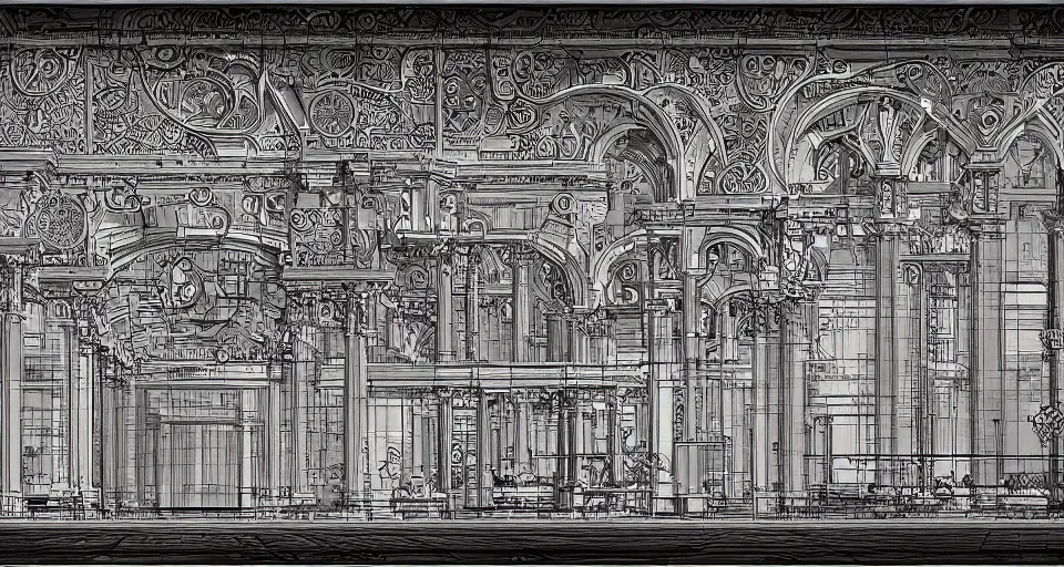 Prompt: extremely technical and detailed blueprint with precise technical details and complex diagrams. engineering diagrams, center frame, intricate details, ultra-detailed, baroque style, illustration, desaturated, concept art