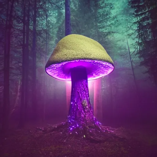 Prompt: photo of a big magic mushroom in a dark forest glade, purple blue night sky, glowing cosmic dust, magic fog, stars