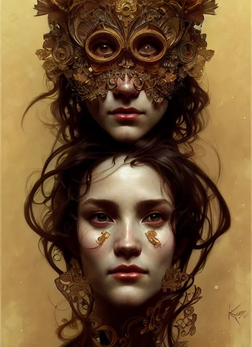 Image similar to floating thespian mask, face, detailed, intricate, elegant, highly detailed, digital painting, artstation, concept art, smooth, sharp focus, illustration, art by Krenz Cushart and Artem Demura and alphonse mucha