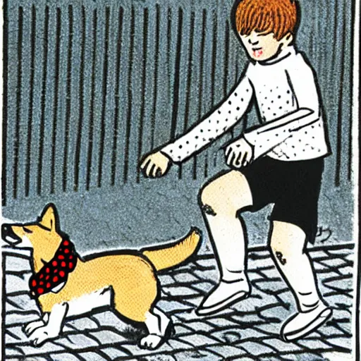 Image similar to illustration of french boy on the streets of paris playing football against a corgi, the dog is wearing a polka dot scarf, comic, 1 9 6 6