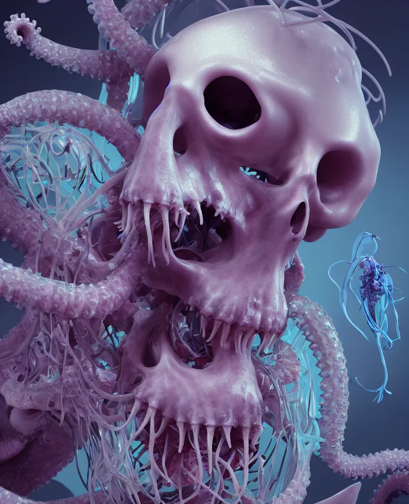 Image similar to boris johnson close - up portrait human skeleton, ram skull, octopus, jellyfish, orchid, betta fish, bioluminiscent, intricate artwork by tooth wu and wlop and beeple. octane render, trending on artstation, greg rutkowski very coherent symmetrical artwork. cinematic, hyper realism, high detail, octane render, 8 k