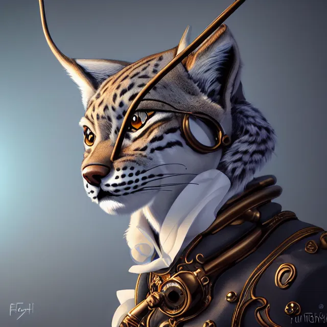 Image similar to the portrait of anthropomorphic lynx fursona wearing a steampunk suit as unimaginably beautiful, gorgeous, elegant, young lynx, an ultrafine hyperdetailed illustration by furaffinity, intricate linework, white fur, unreal engine 5 highly rendered, global illumination, radiant light, detailed and intricate environment