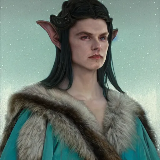 Image similar to a close - up portrait of an androgynous handsome male snow elf in a turquoise cape and silver armour, albino skin, winter vibes, elegant, very coherent symmetrical artwork, by tomasz alen kopera and alphonse mucha and charlie bowater, photorealistic, sharp focus, octane render, rtx, hdr, unreal 5, trending on artstation