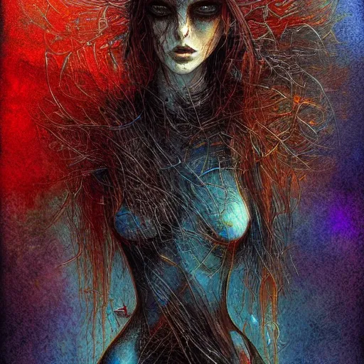 Prompt: the brittle. digital painting, vertical, intricate, beautiful, detailed, grunge, illustration, abstract art by luis royo and malevich and kandinsky, trending on artstation. blue, dark red and dark purple color scheme, gradient darker to bottom